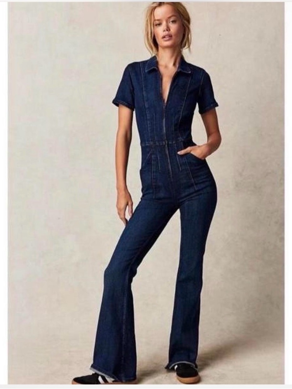 We The Free Light Blue Denim Jumpsuit Overalls — Short Sleeve Flared Leg